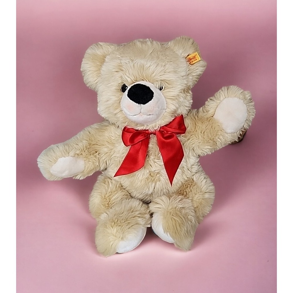Steiff 16" Golden Bobby Plush Teddy Bear Blushed Cheeks Ear Tag Red Bow #671302